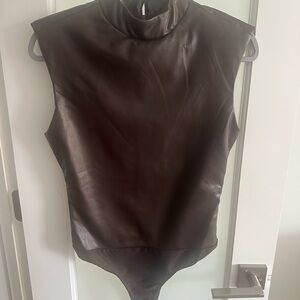 Endless Rose Sleeveless Faux Leather Mock Neck Bodysuit - Dark Brown